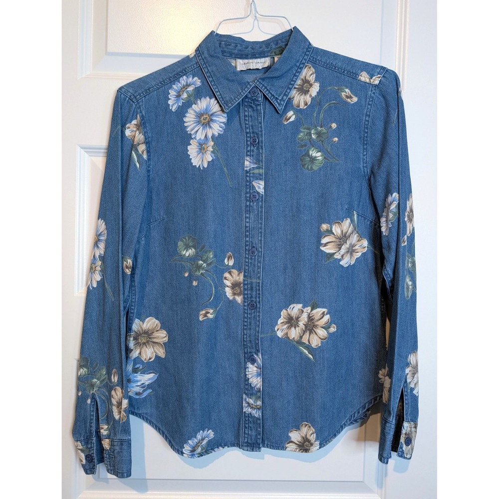 Lemon Grass Denim Shirt Womens Medium Floral Button Down Cotton